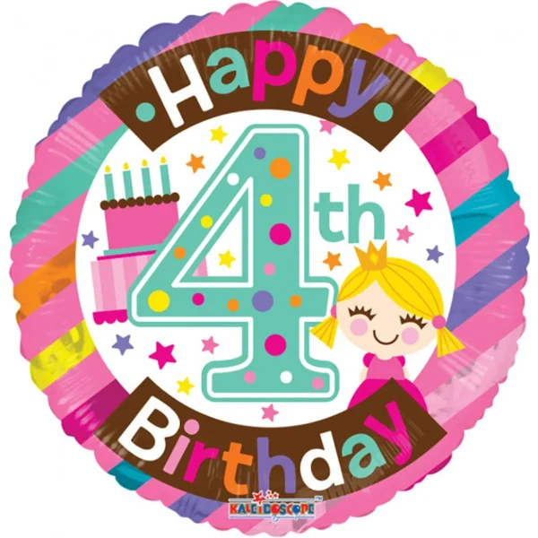 Folie ballon 'Happy Birthday 4 jaar rond met taart' (46 cm)